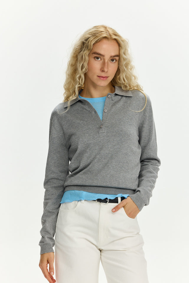 Long Sleeve Polo Grey Melange